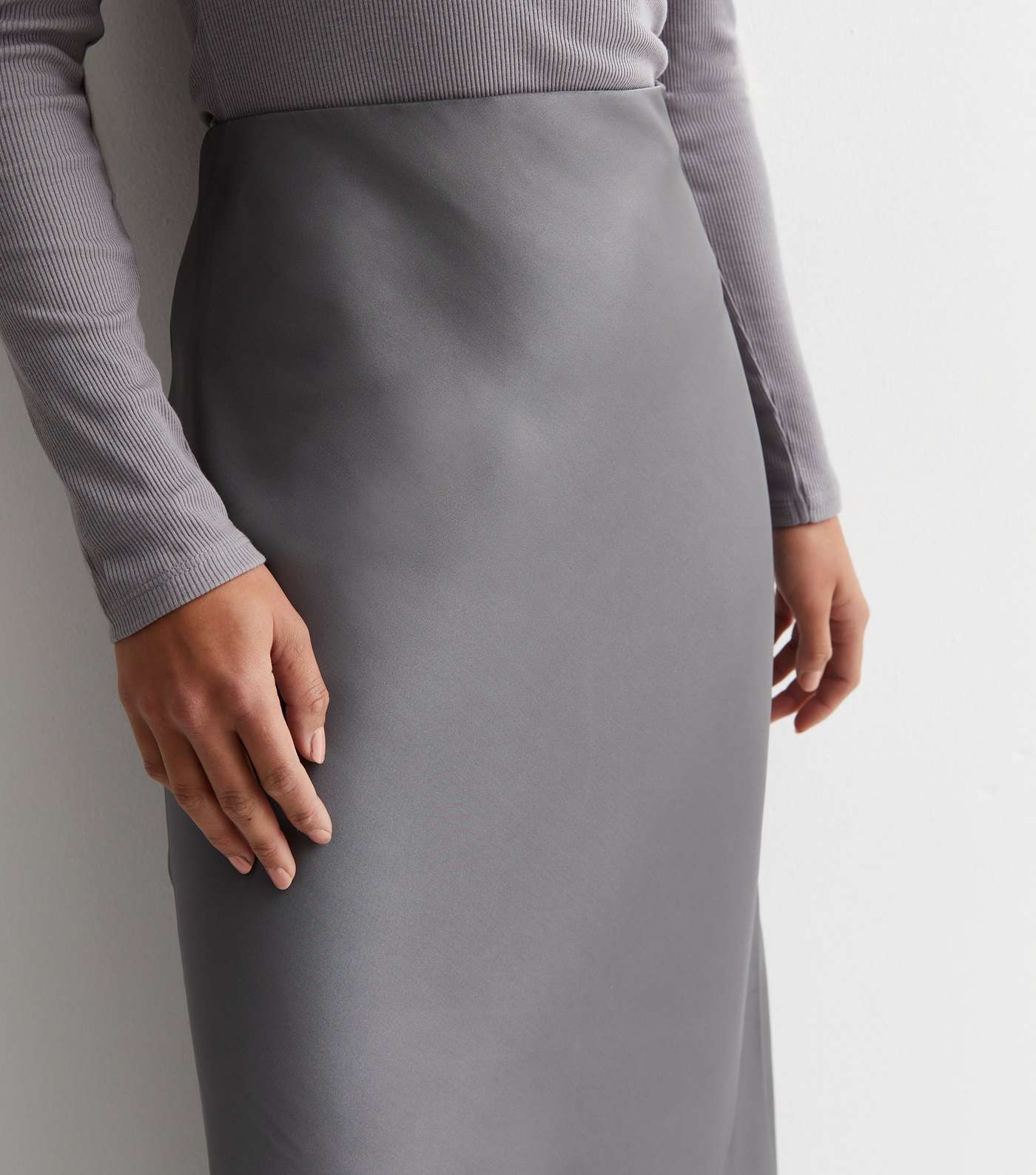 Petite Dark Grey Satin Bias Cut Midi Skirt Image 3