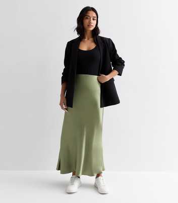 Petite Olive Satin Bias Cut Midi Skirt