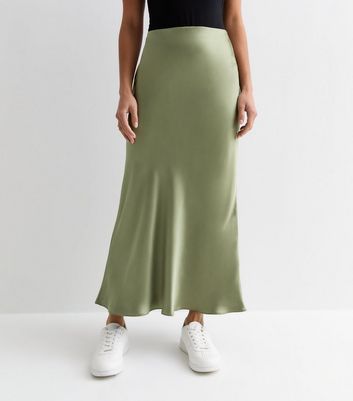 Petite Olive Satin Bias Cut Midi Skirt New Look