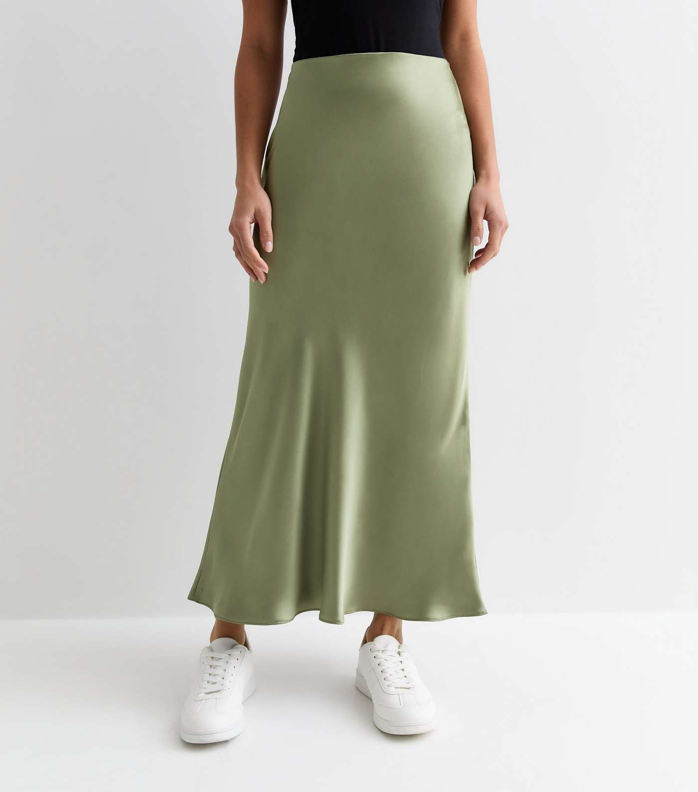 Petite Olive Satin Bias Cut Midi Skirt Image 3