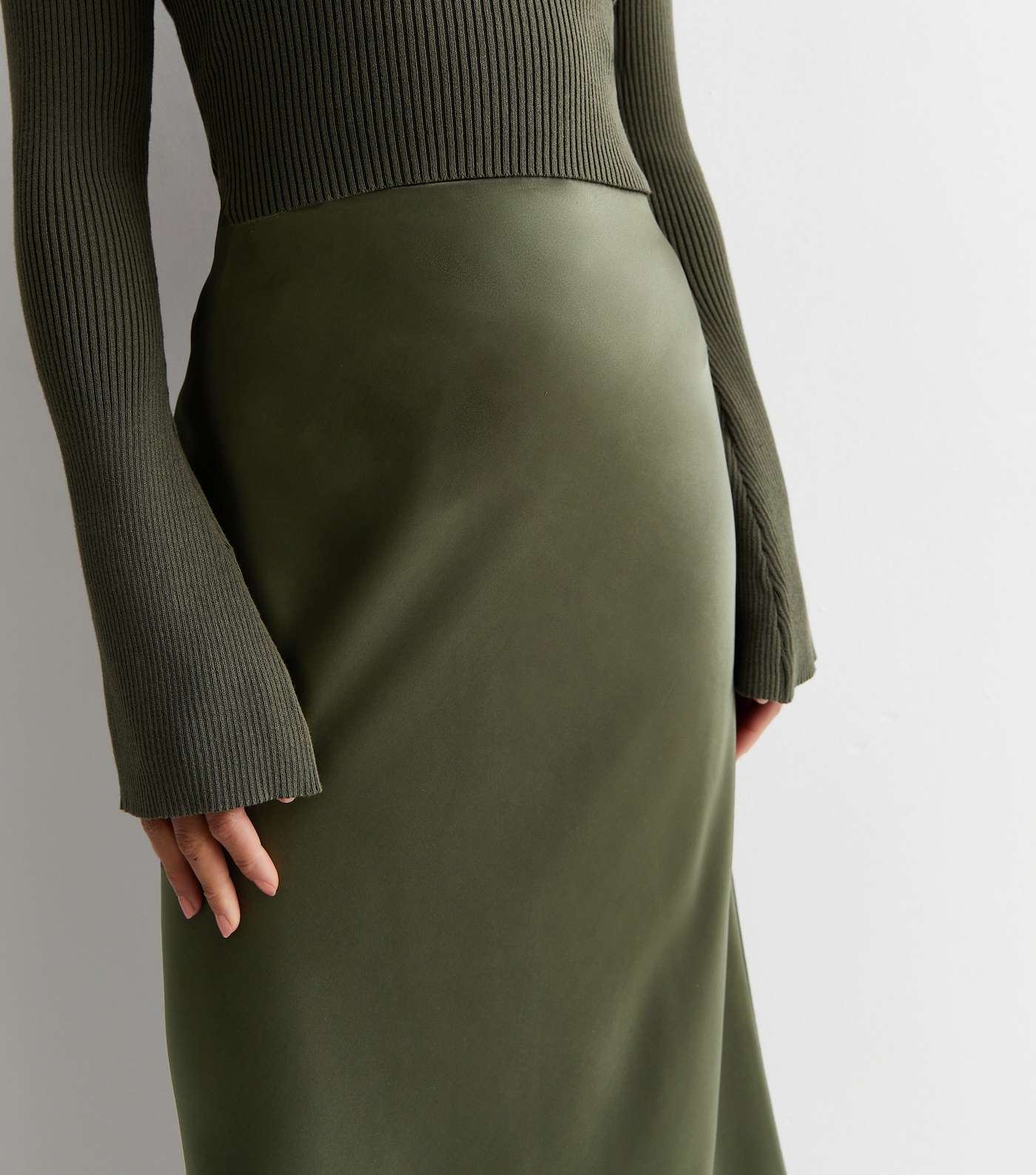Petite Khaki Satin Bias Cut Midi Skirt Image 3