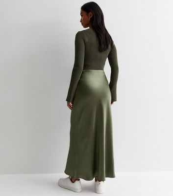 Petite Khaki Satin Bias Cut Midi Skirt New Look