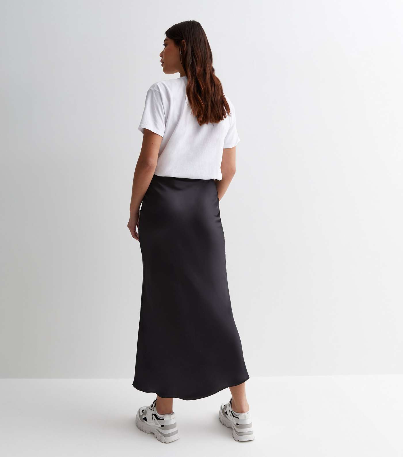 Tall Black Satin Bias Midi Skirt Image 4