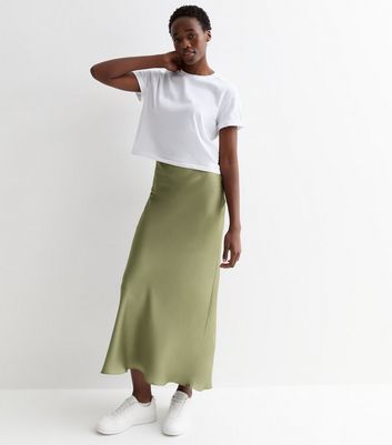 Olive green satin outlet midi skirt