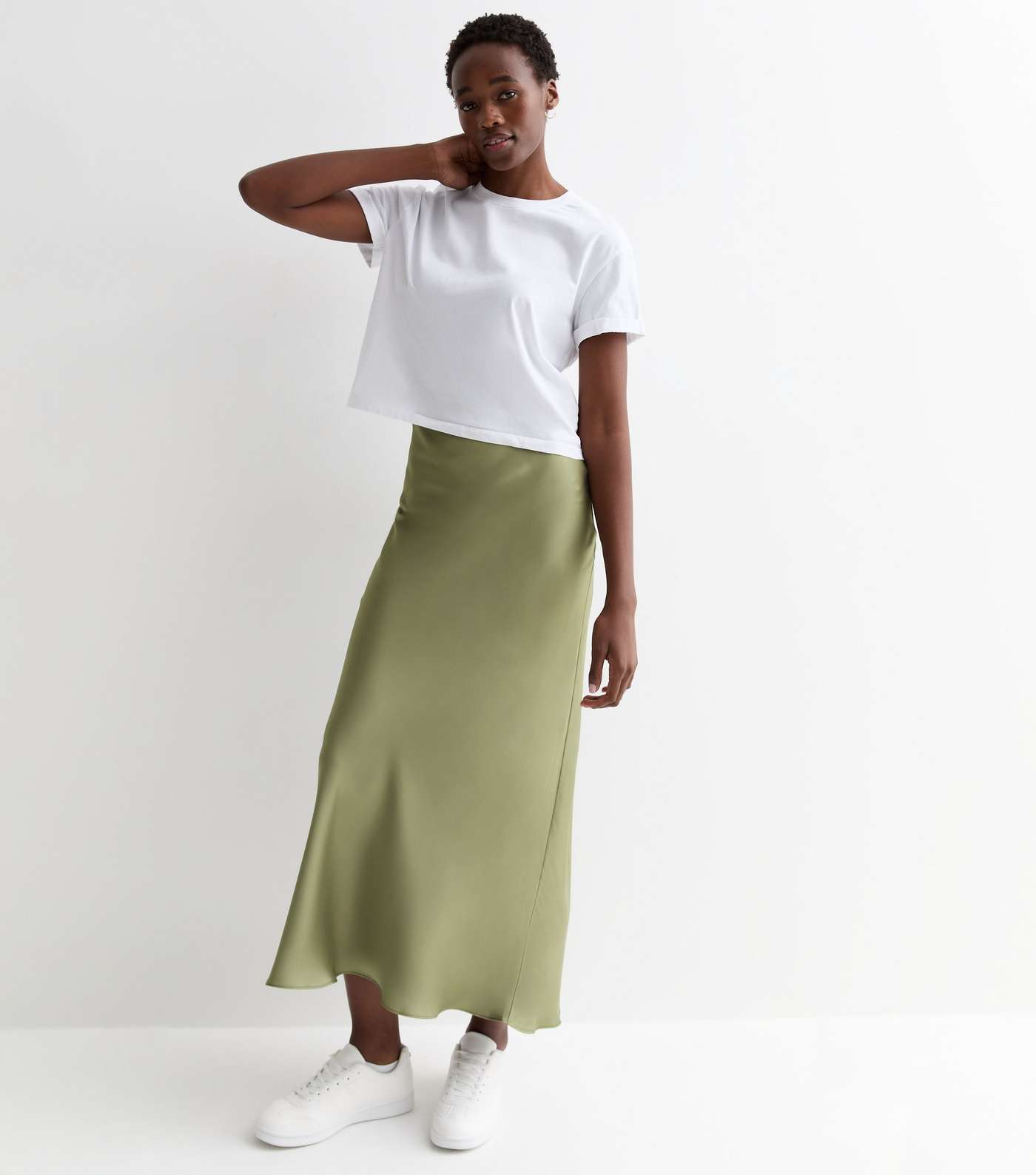 Tall Olive Satin Bias Midi Skirt Image 3