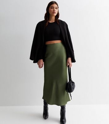 Tall Khaki Satin Bias Midi Skirt New Look