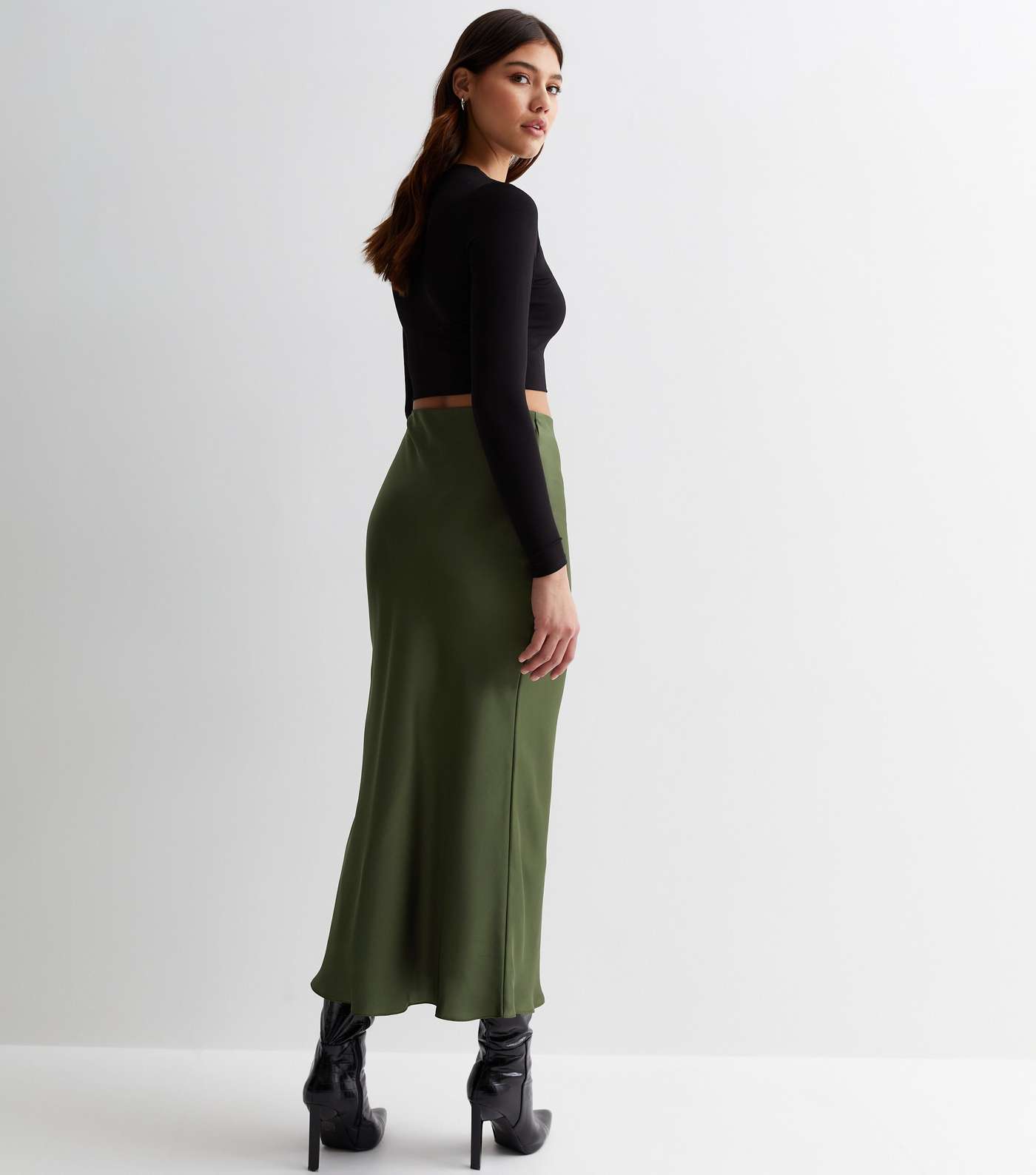 Tall Khaki Satin Bias Midi Skirt Image 4