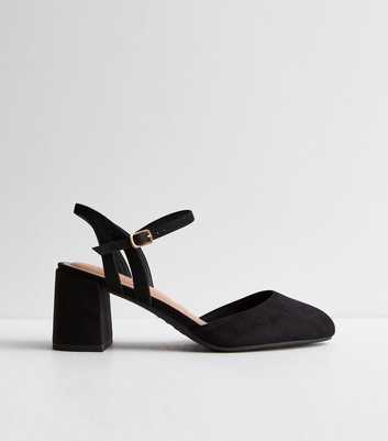 Wide Fit Black Suedette Block Heel Court Shoes