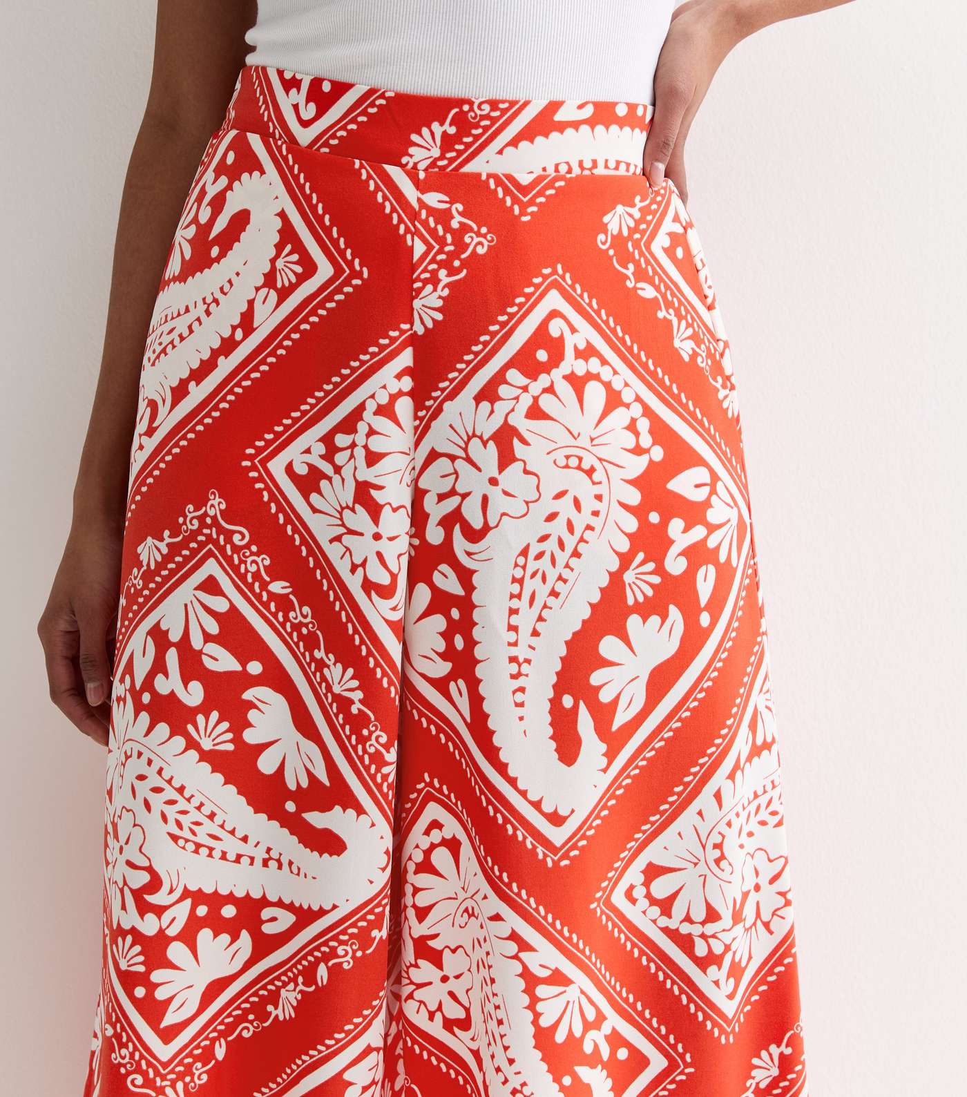 Red Scarf Print Wide Leg Crop Trousers Image 2