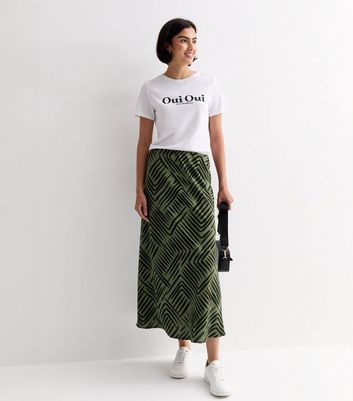Khaki Mark Making Midi Skirt New Look