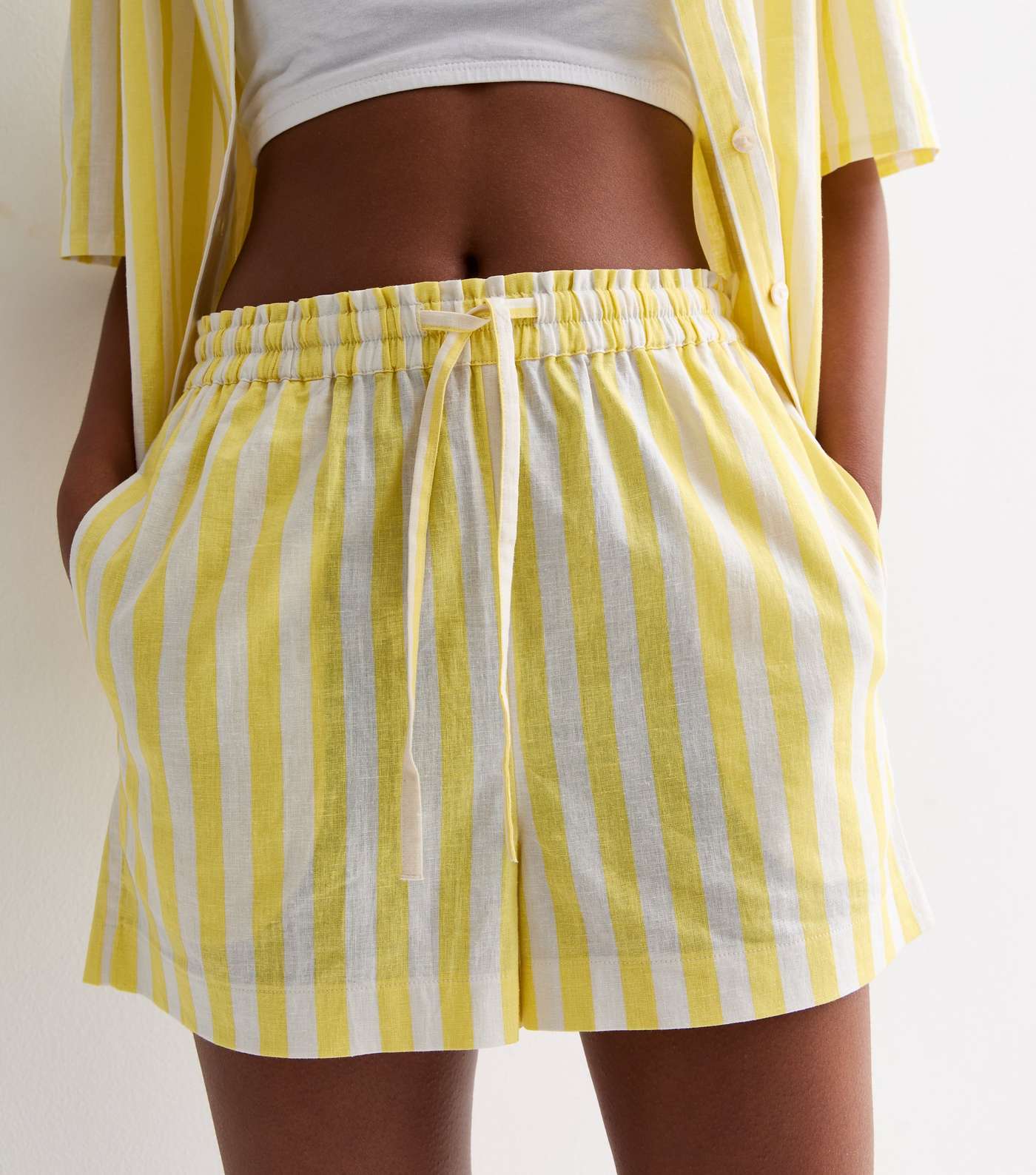 Orange Yellow Stripe Linen Blend Drawstring Shorts Image 2