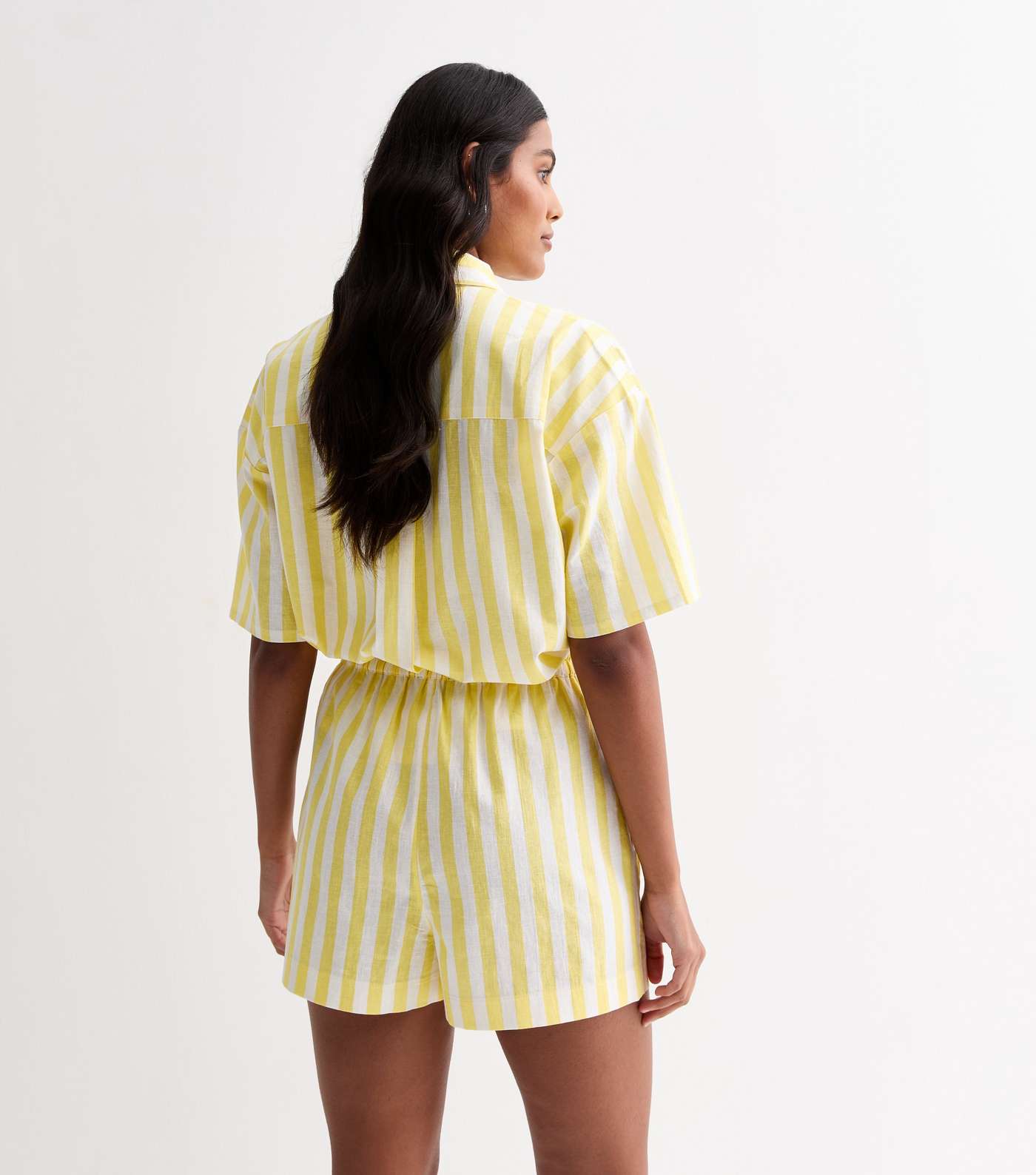 Orange Yellow Stripe Linen Blend Drawstring Shorts Image 4