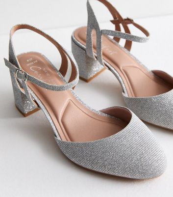 Wide Fit Silver Glitter Block Heel Court Shoes