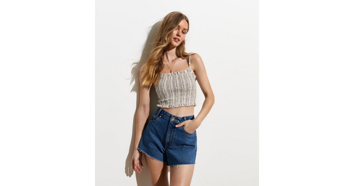 Off White Stripe Cotton-Linen Blend Shirred Crop Top | New Look