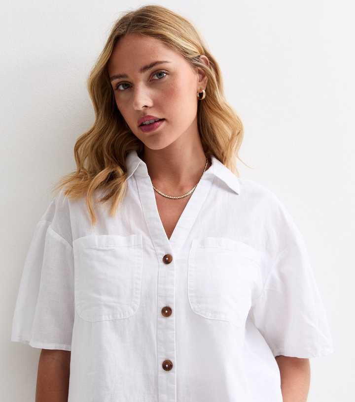 Off White Linen-Cotton Short Sleeve Boxy Shirt