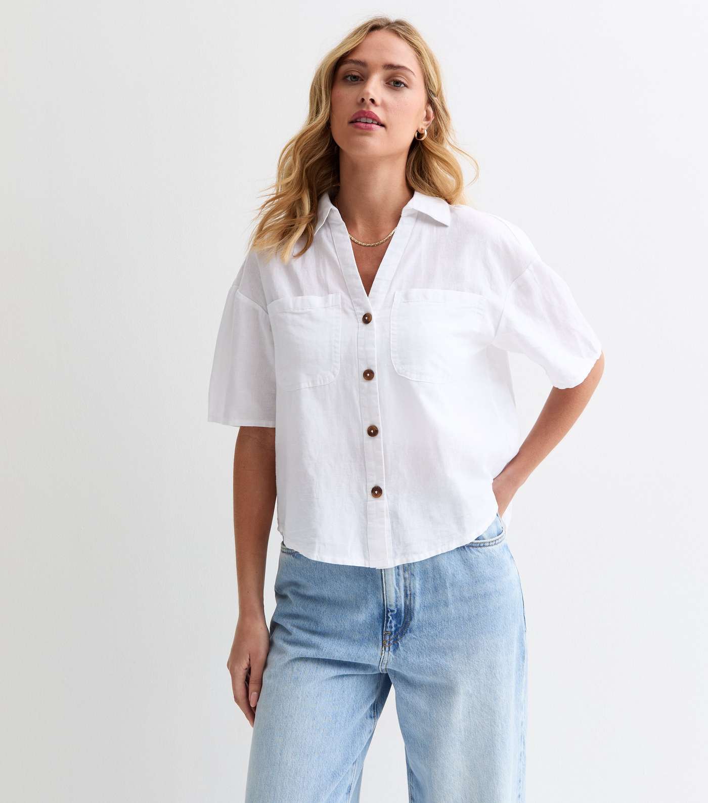 Off White Linen-Cotton Short Sleeve Boxy Shirt Image 2