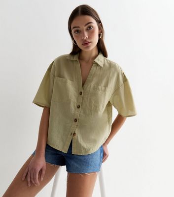 Light Green Linen-Cotton Short Sleeve Boxy Shirt New Look