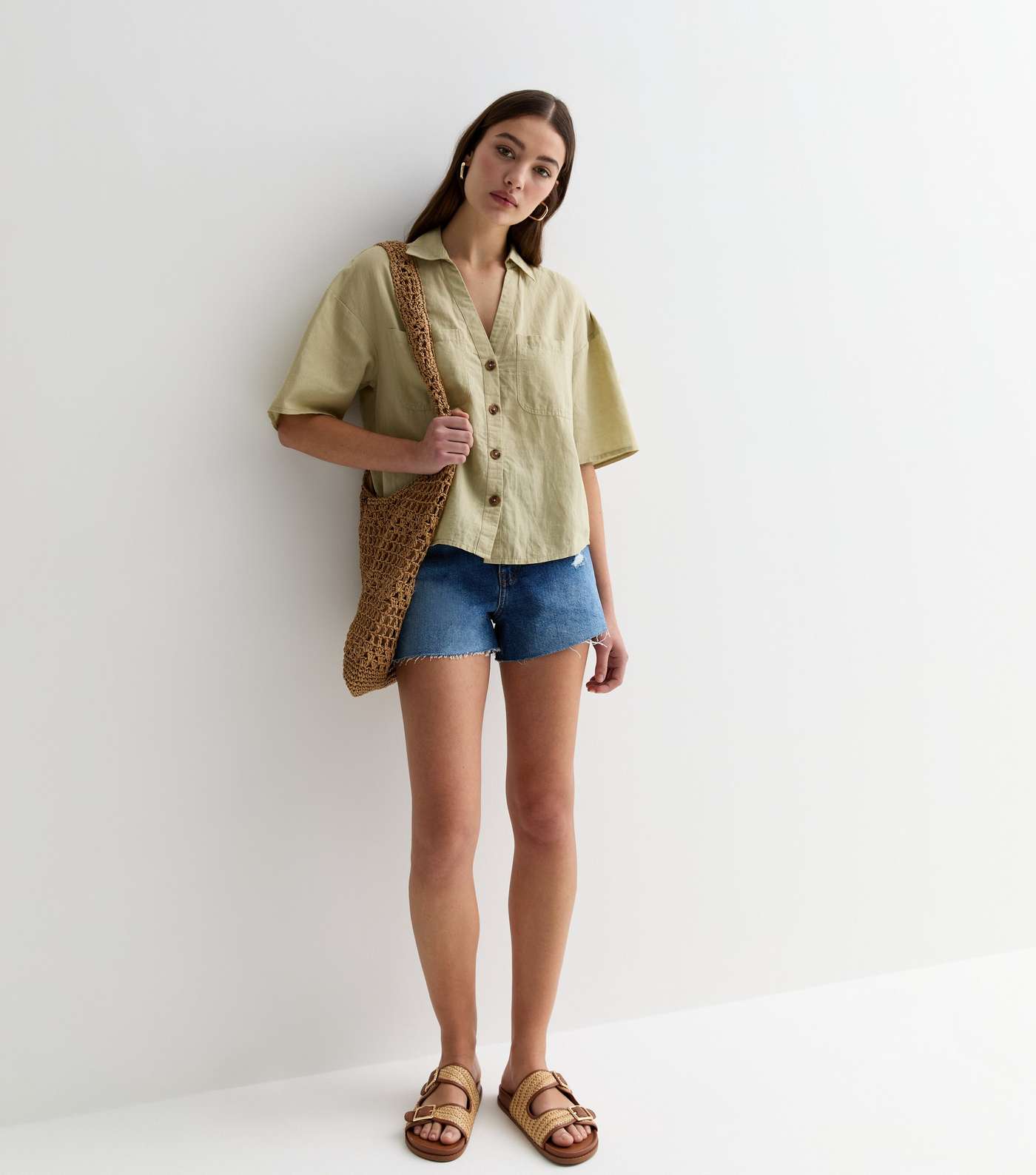 Light Green Linen-Cotton Short Sleeve Boxy Shirt Image 3