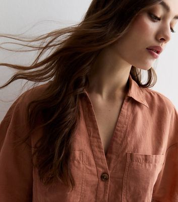Rust Linen-Cotton Short Sleeve Boxy Shirt New Look