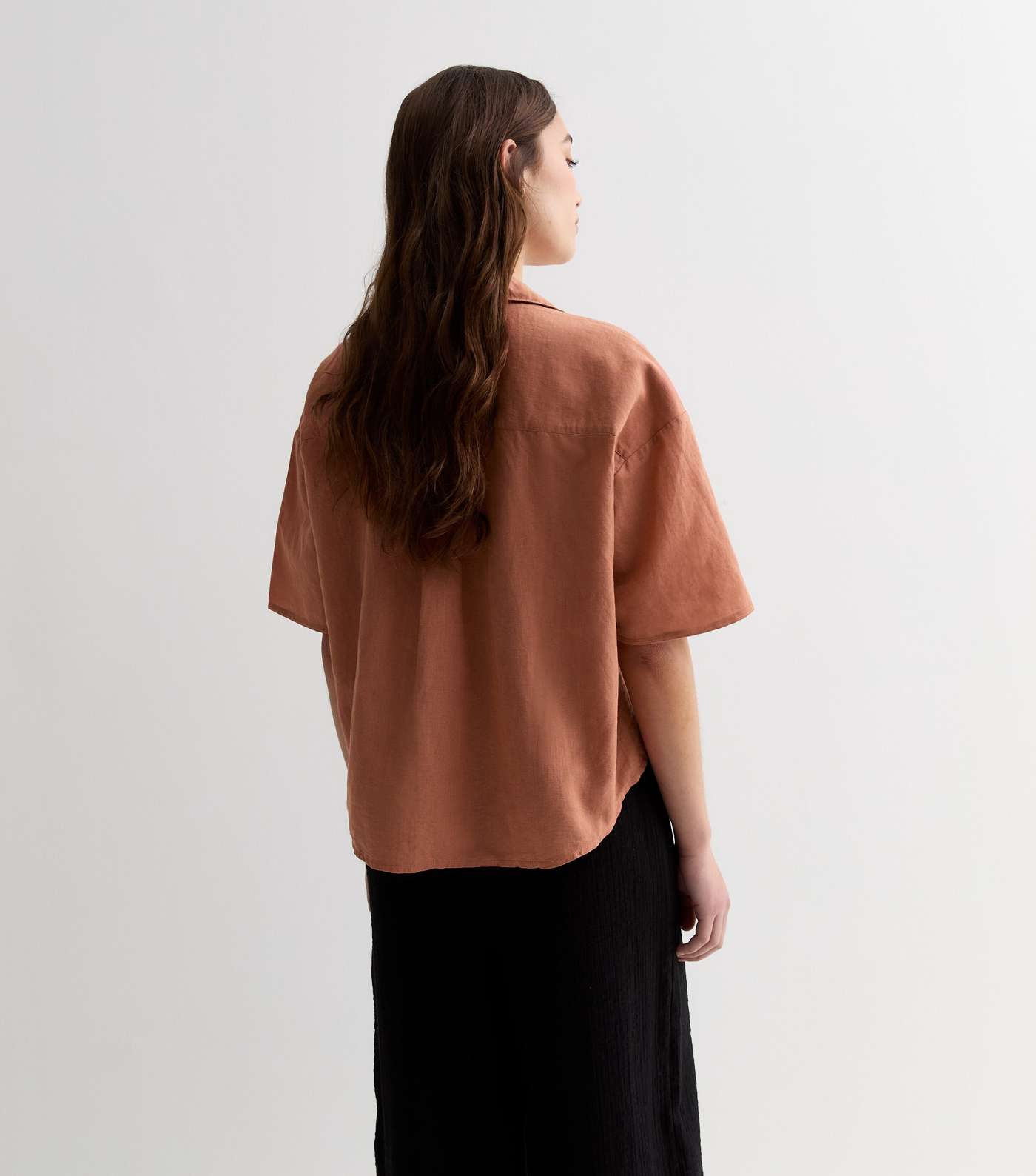 Rust Linen-Cotton Short Sleeve Boxy Shirt Image 4