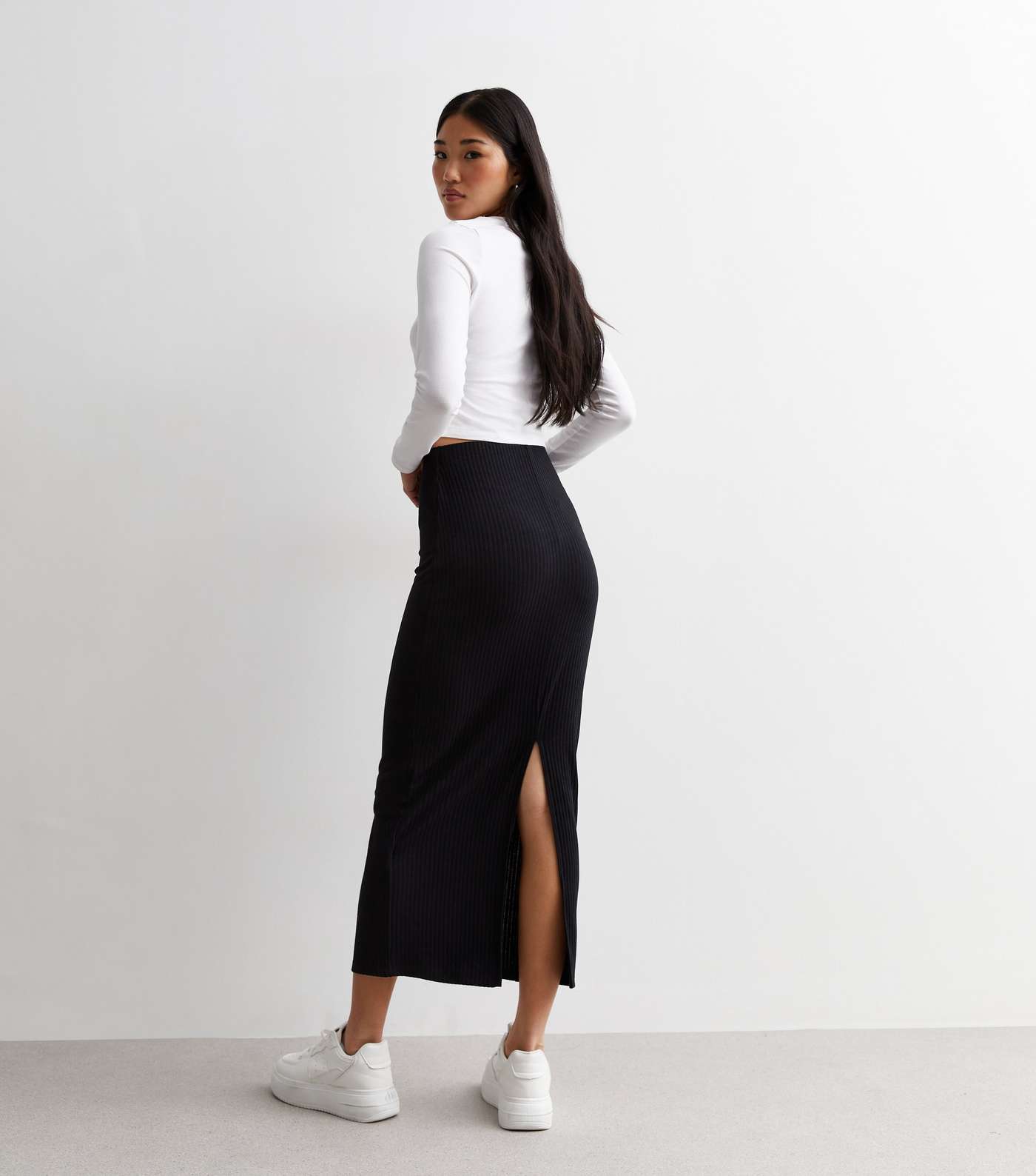 Black Ribbed Jersey Midi Skirt Image 4