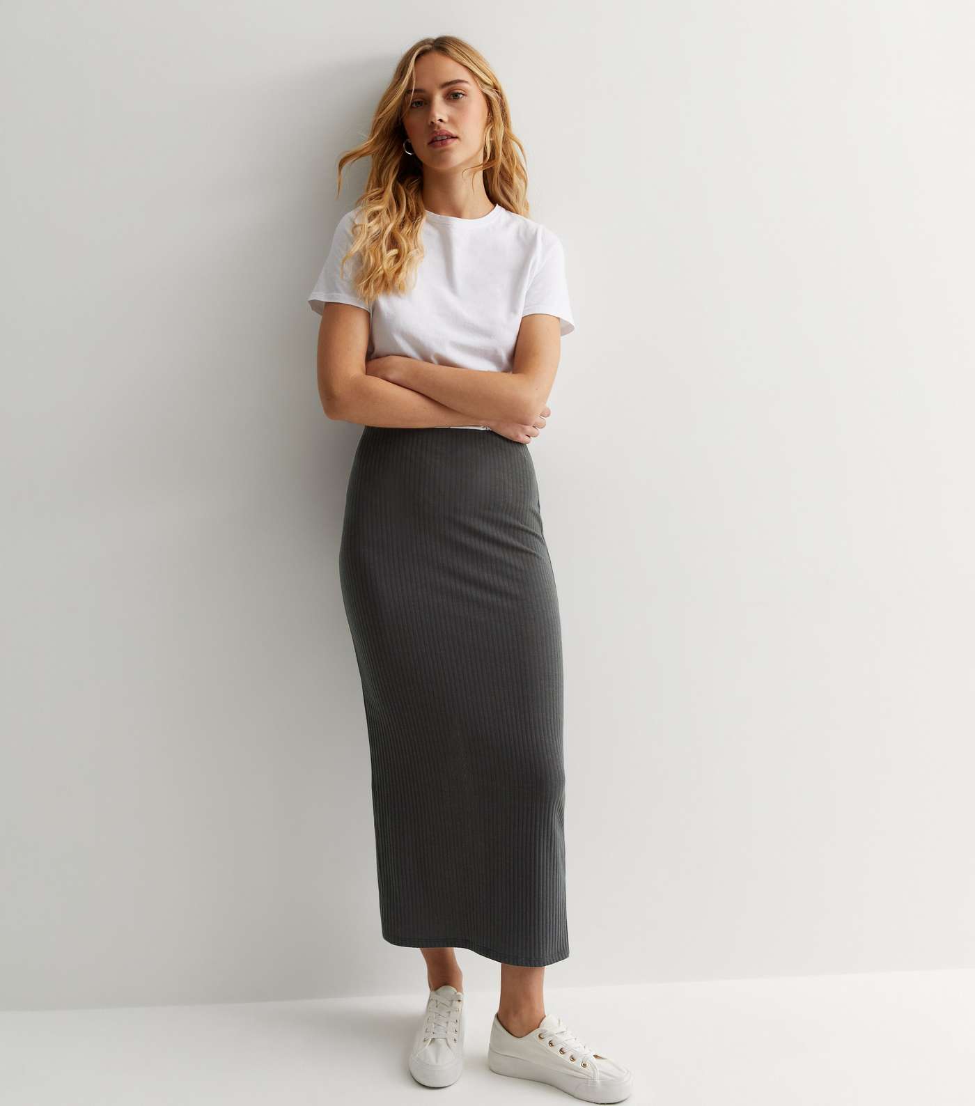 Dark Grey Ribbed Jersey Midi Skirt Image 3