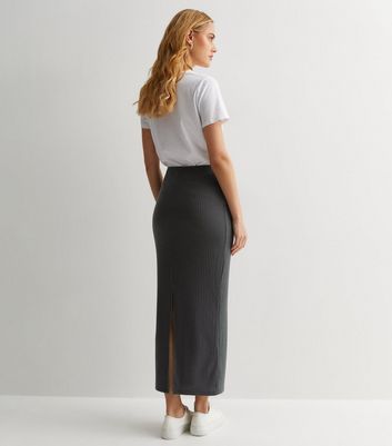 Dark Grey Ribbed Jersey Midi Skirt New Look