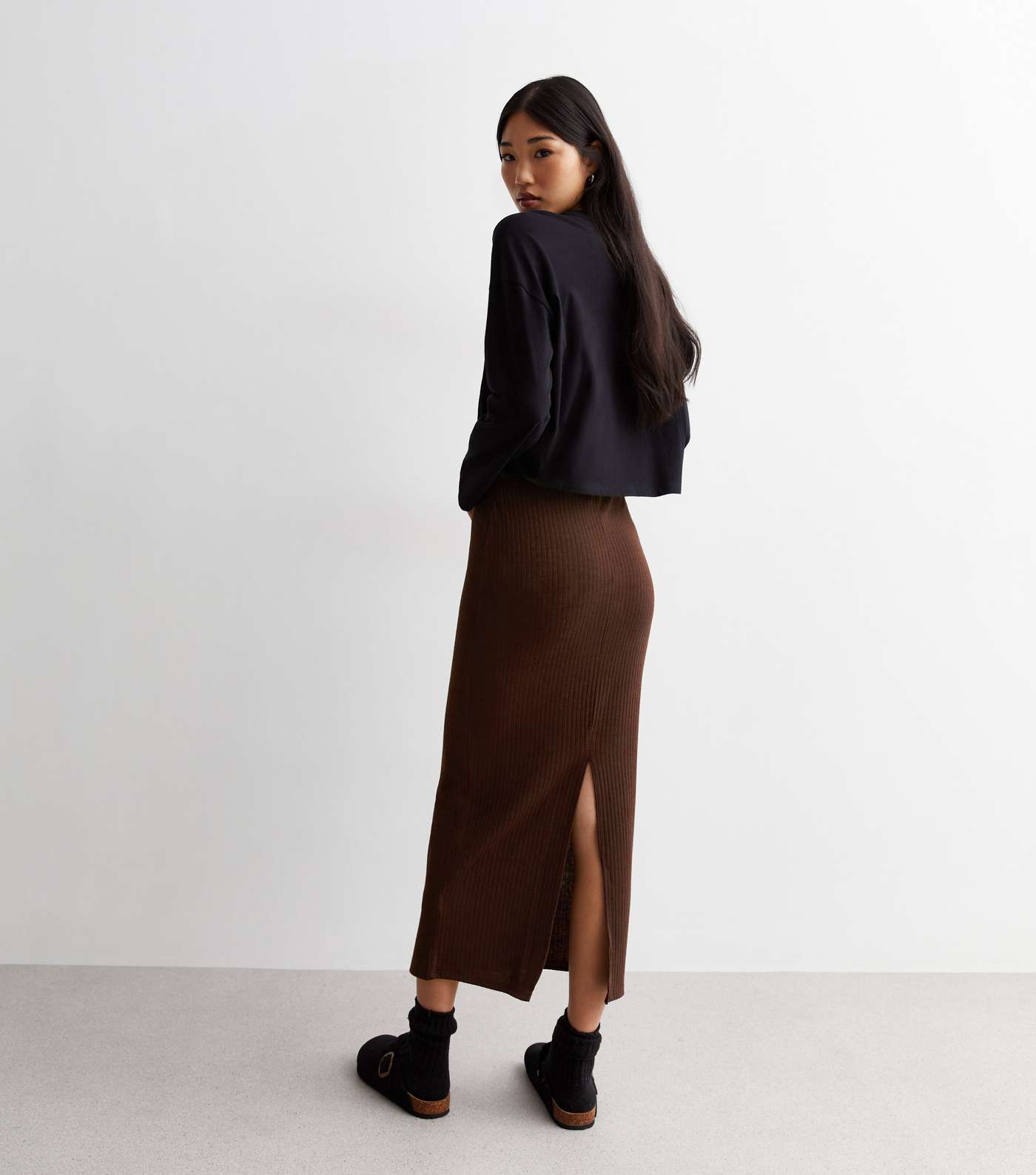 Dark Brown Ribbed Jersey Midi Skirt Image 4
