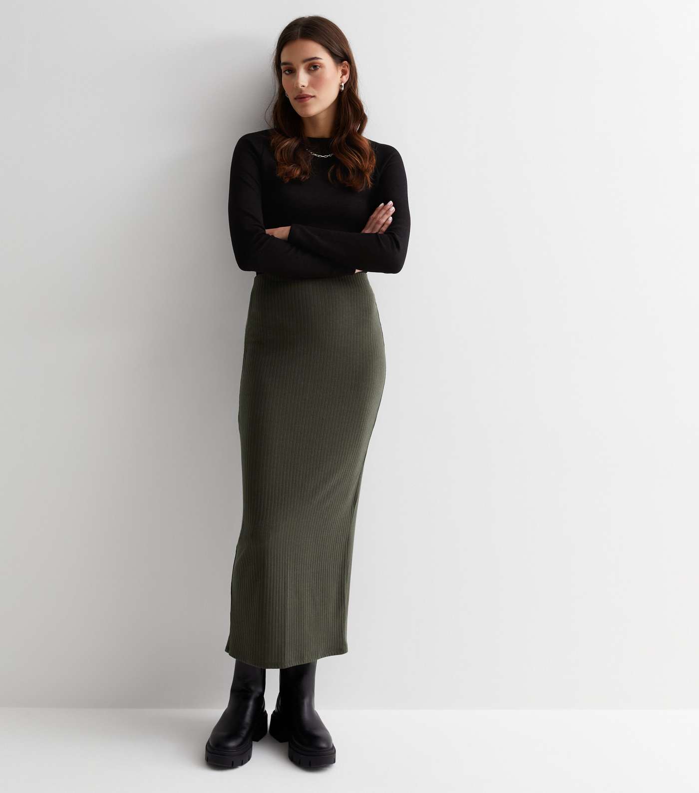 Khaki Ribbed Jersey Midi Skirt Image 3