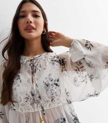 Off White Floral Print Broderie Tie Neck Blouse