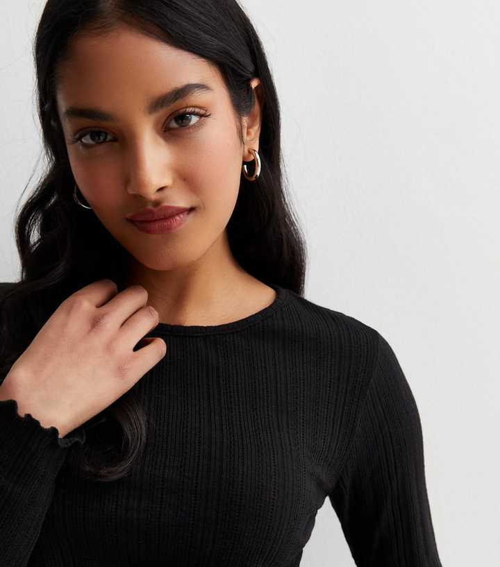 Black Pointelle Long Sleeve Top