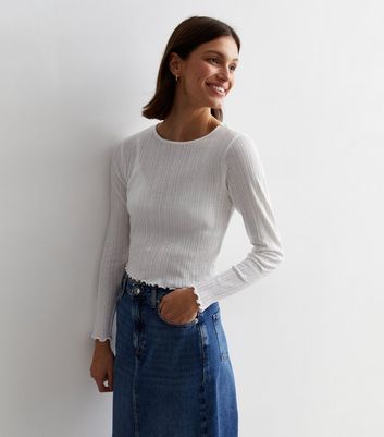 White Pointelle Long Sleeve Top