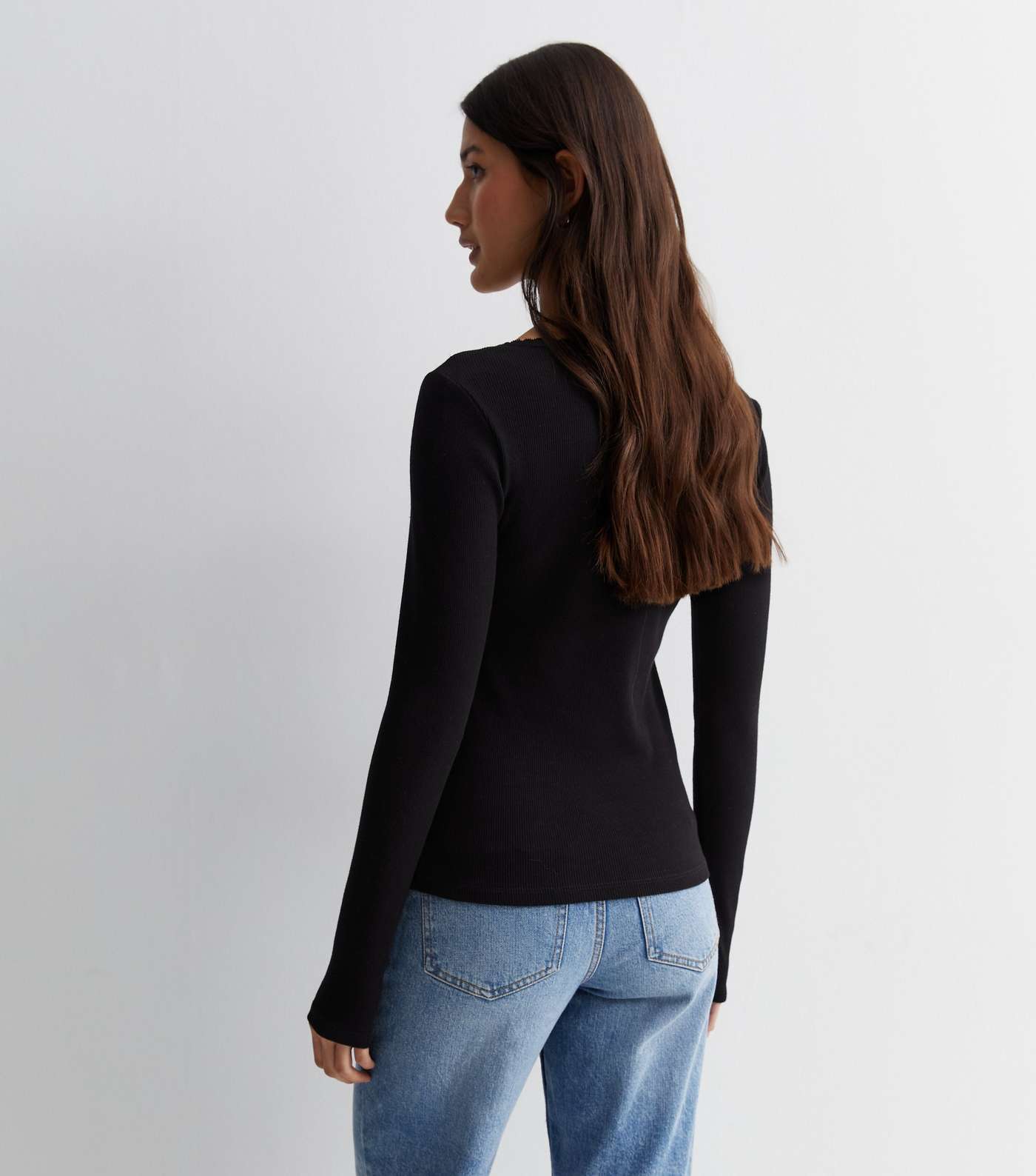 Black Ribbed Lace Trim Long Sleeve Top Image 4