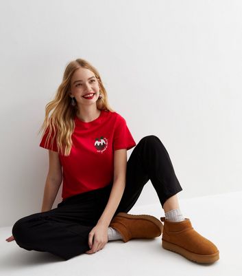 Red Cotton Christmas Pudding Logo T-Shirt New Look