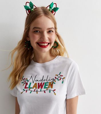 White Cotton Nadolig Llawen Welsh Christmas Logo T-Shirt New Look
