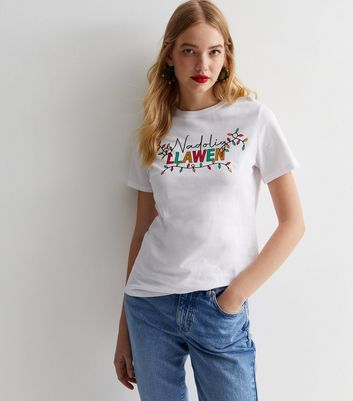 White Cotton Nadolig Llawen Welsh Christmas Logo T-Shirt