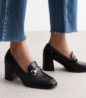 Black Snaffle Trim Block Heel Loafers New Look