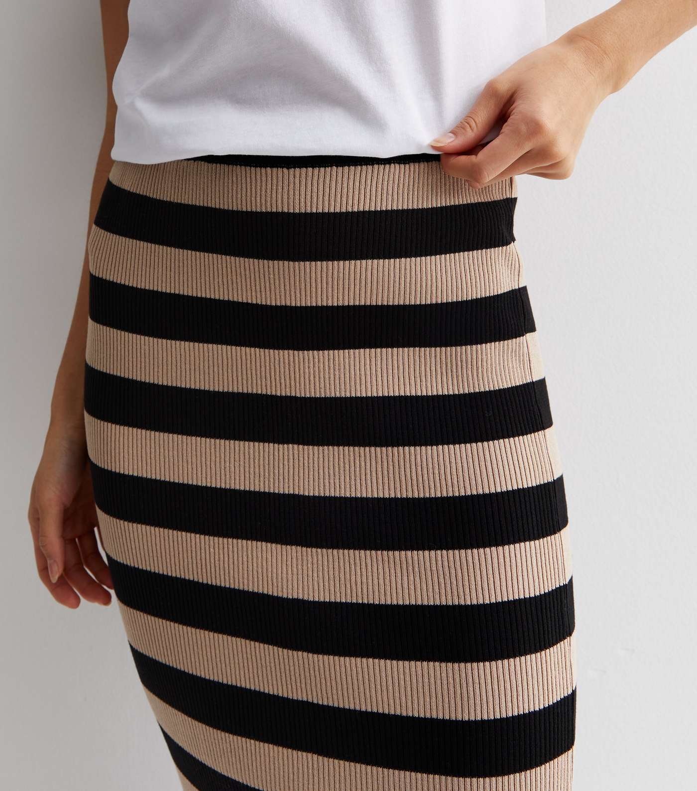 Brown Stripe Ribbed Knit High Waist Midaxi Skirt Image 2