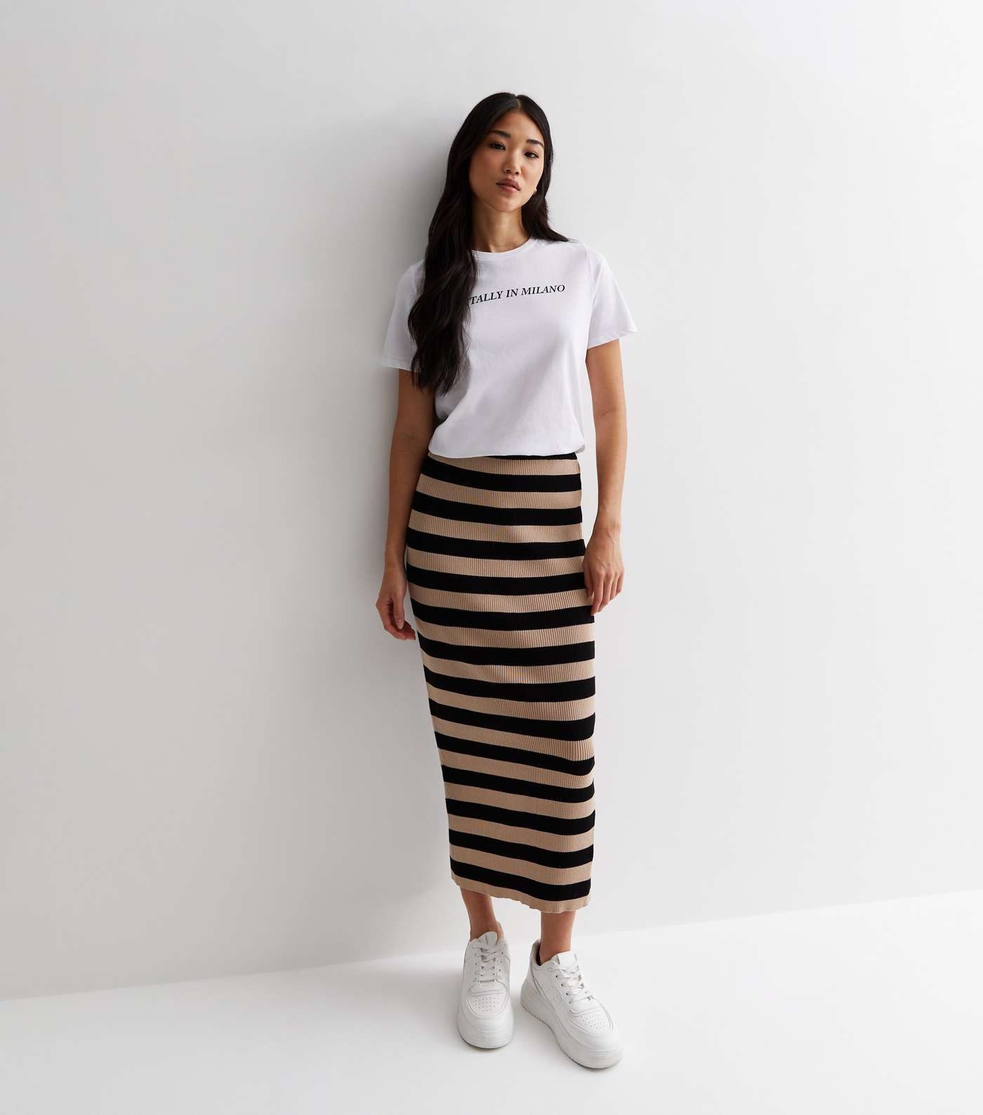 Brown Stripe Ribbed Knit High Waist Midaxi Skirt Image 4