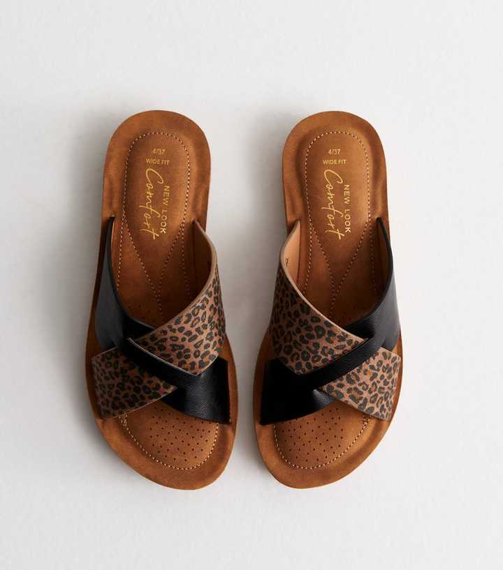 Wide Fit Black Leopard Print Sliders