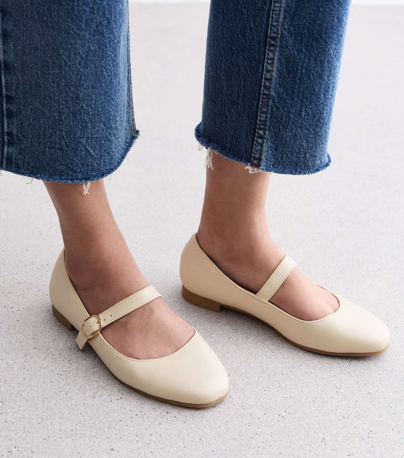 Wide Fit Off White Leather-Look Strappy Ballerina Pumps Image 2