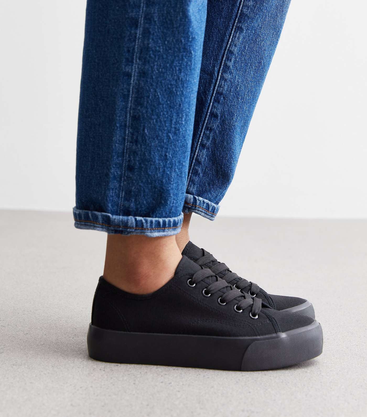 Black Canvas Double Sole Lace Up Trainers Image 2