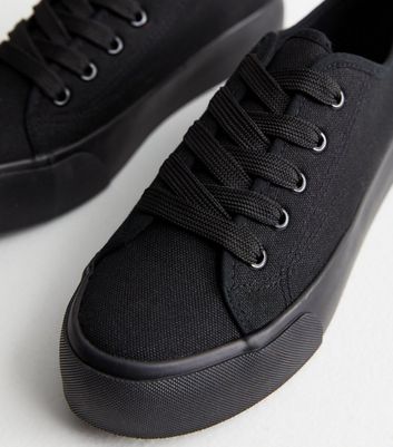 Black Canvas Double Sole Lace Up Trainers New Look