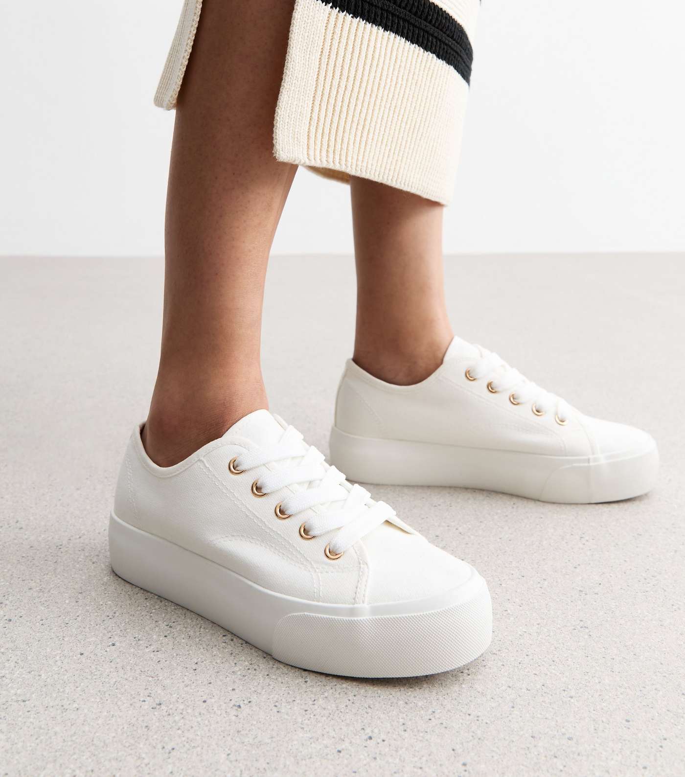 White Canvas Double Sole Lace Up Trainers Image 2