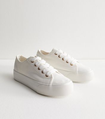 White Canvas Double Sole Lace Up Trainers New Look