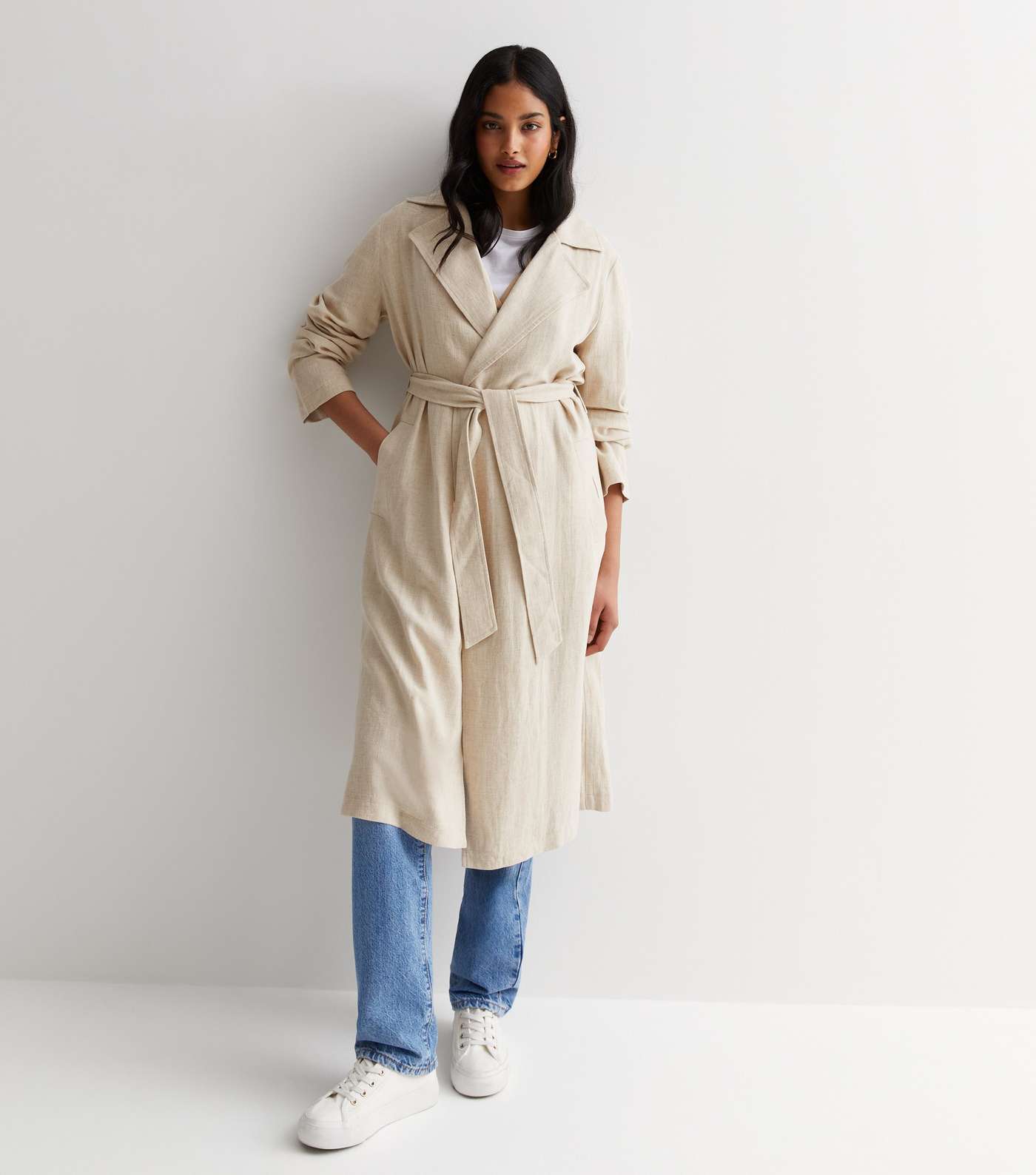 Stone Linen-Look Belted Trench Coat Image 3