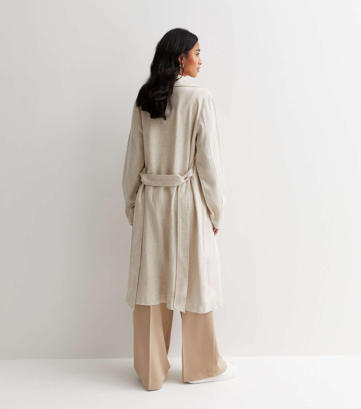 Petite Stone Linen-Look Belted Trench Coat Image 4