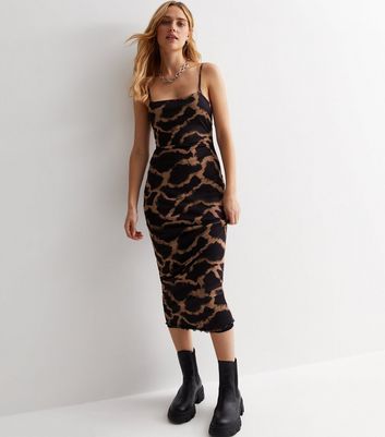 Brown Abstract Print Mesh Strappy Midaxi Dress New Look