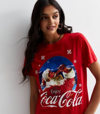Red Cotton Christmas Coca-Cola Logo T-Shirt New Look