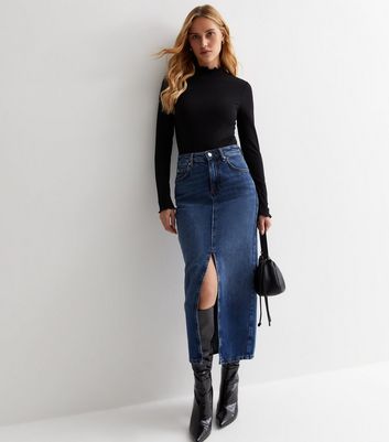 Black Ribbed Frill Crew Neck Top New Look